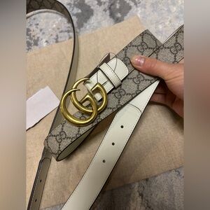 GUCCI  GG THIN MARMONT BELT IN BEIGE GG SUPREME & white LEATHER